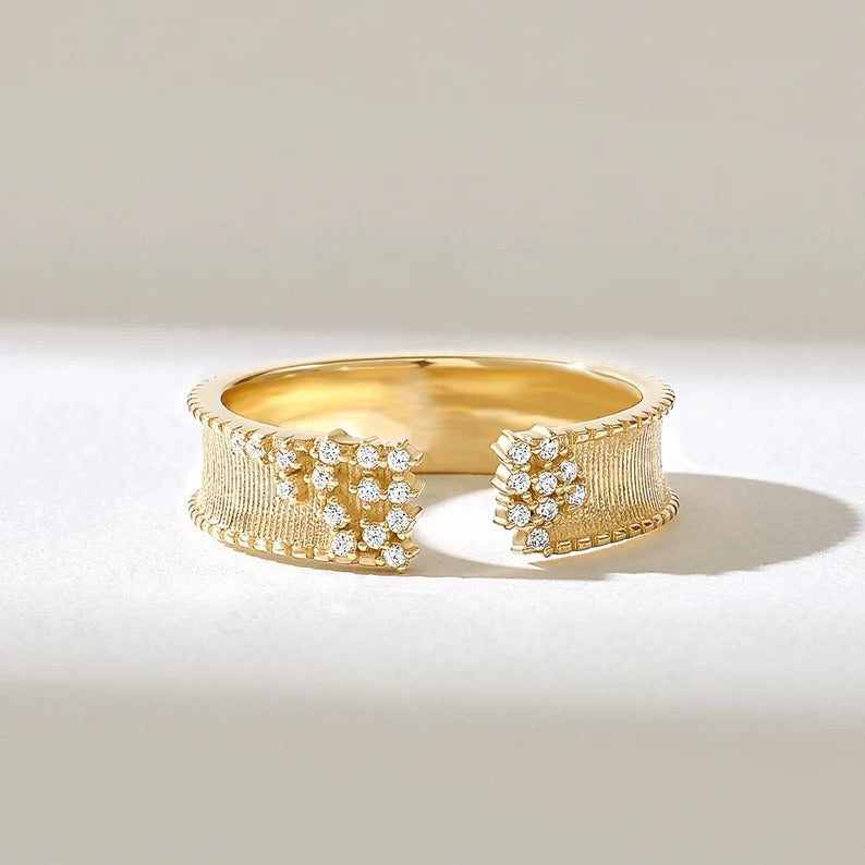 18K Solid Gold Diamond Contemporary Cuff Open Wedding Band