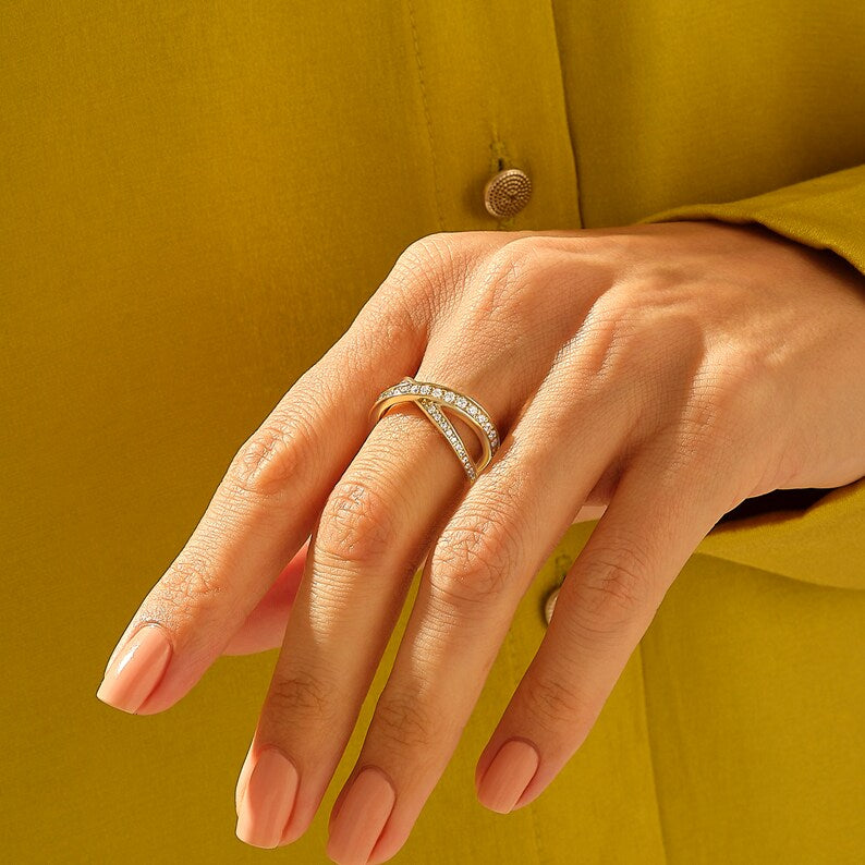 Solid Gold Ascending Pave Diamond Crossover Ring Unique X Design