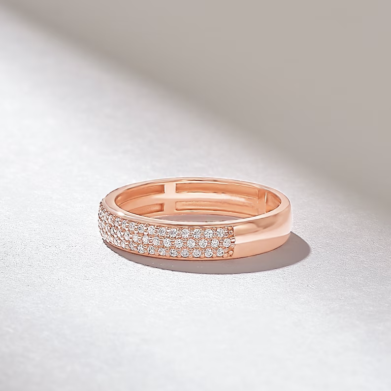 Solid Gold Micro Pave Diamond Wedding Band: Minimal 3.80MM Matching Ring