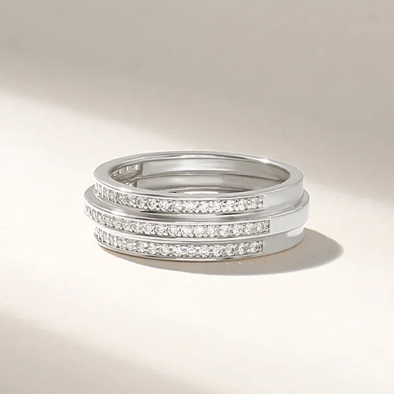 Solid Gold Triple Band Pave Diamond Ring