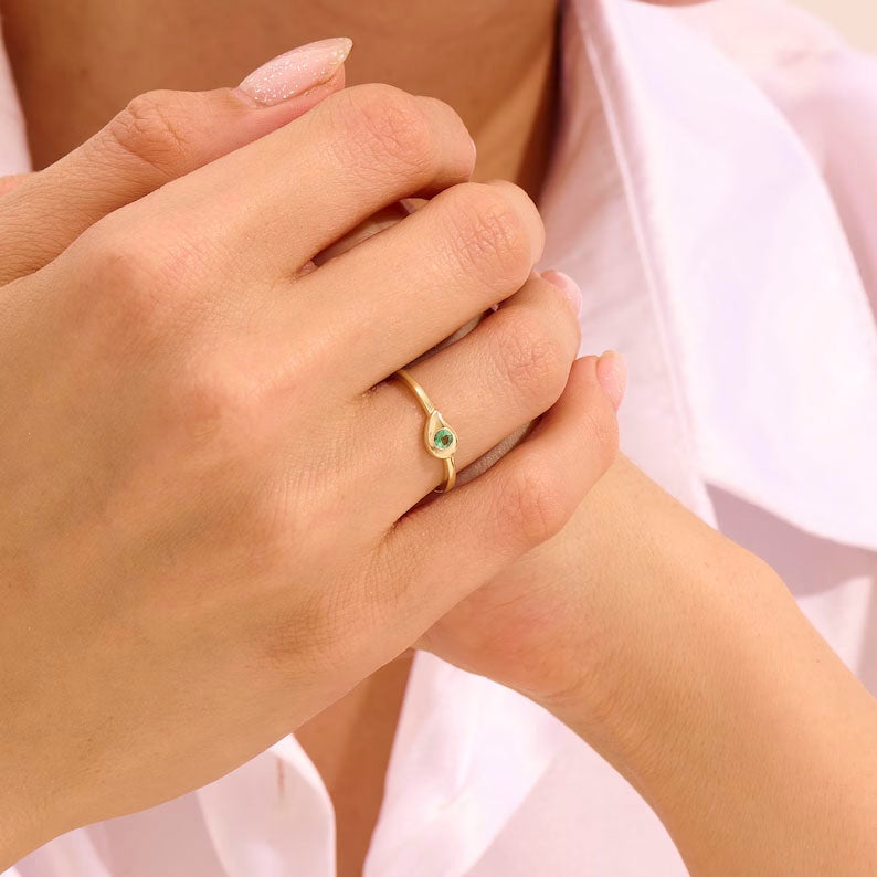 Solid Gold Emerald Teardrop Solitaire Ring
