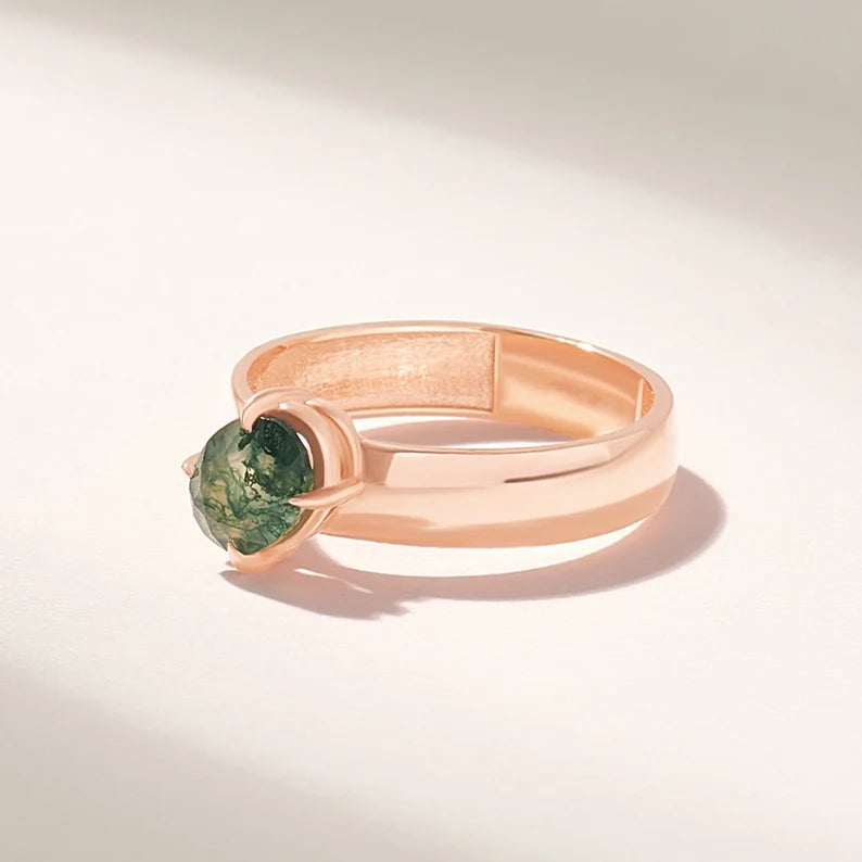 18K Solid Gold Moss Agate Solitaire Ring - Style A