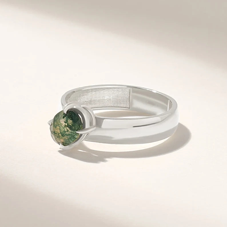 18K Solid Gold Moss Agate Solitaire Ring - Style A