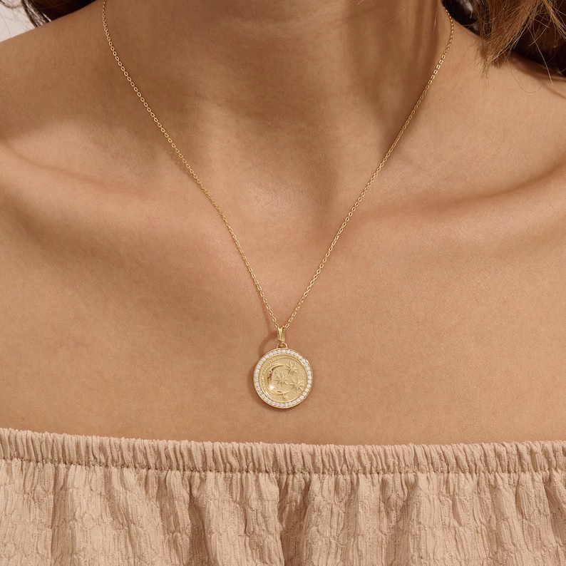 Solid Gold Moon & Stars Circle Charm Necklace