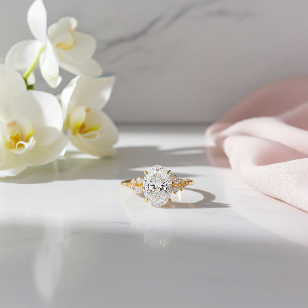 Solid Gold Snowdrift Ring, Oval Cut Diamond Ring