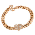 Solid Gold Diamond Pave Heart Cuban Link Chain Bracelet