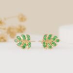 14K Solid Gold Emerald Palm Leaf Studs - Image 3