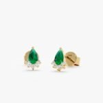 14K Solid Gold Pear Cut Emerald Diamond Stud Earrings