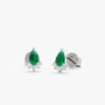 14K Solid Gold Pear Cut Emerald Diamond Stud Earrings - Image 2