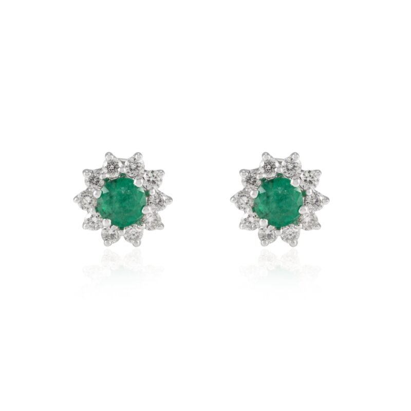 14k solid gold halo diamond emerald stud earrings gj273 1