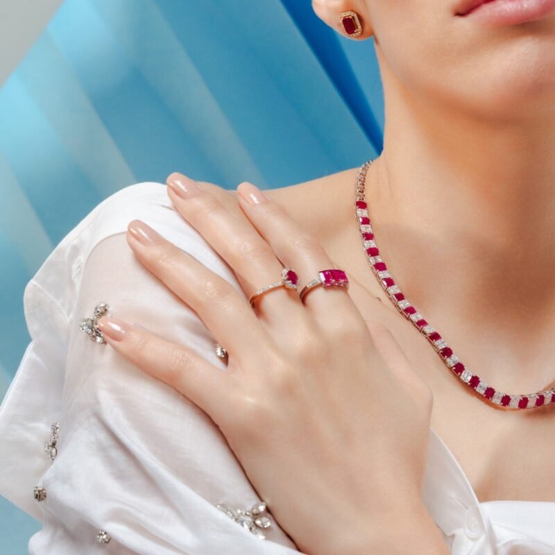 14k solid gold three stone ruby statement ring gj250 2