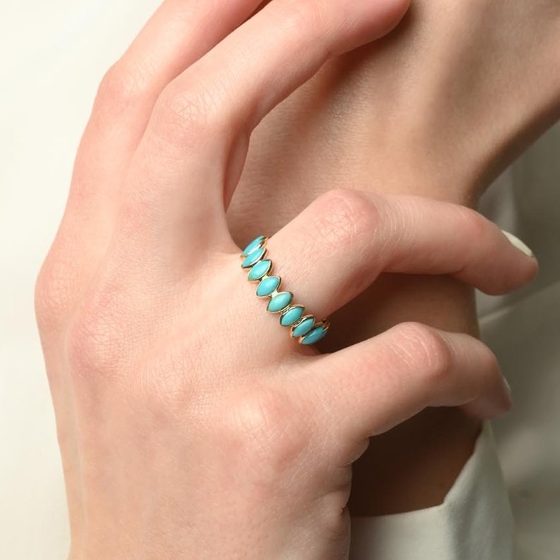 14k solid gold turquoise gemstone eternity band gj803 2