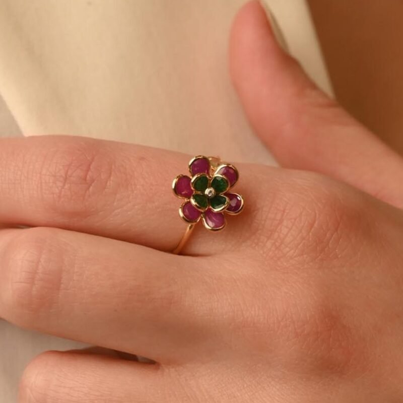 18k solid gold multi precious gemstone flower ring 18gj800 2
