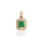 14K Solid Gold Contemporary Emerald Halo Diamond Pendant