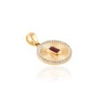 14K Solid Gold Centered Ruby Halo Diamond Striped Medallion Coin Pendant - Image 3