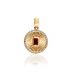 14K Solid Gold Centered Ruby Halo Diamond Striped Medallion Coin Pendant