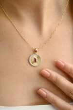 14K Solid Gold Centered Ruby Halo Diamond Striped Medallion Coin Pendant - Image 2