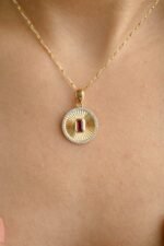 14K Solid Gold Centered Ruby Halo Diamond Striped Medallion Coin Pendant - Image 4