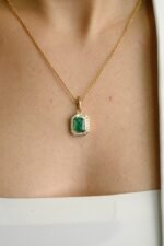 14K Solid Gold Contemporary Emerald Halo Diamond Pendant - Image 4