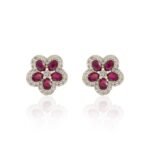 18k Solid Gold Ruby Cherry Blossom Flower Earrings