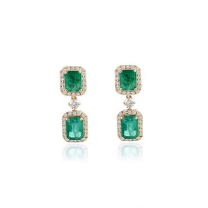 14K Solid Gold 4Ct Emerald and Diamond Dangle Earrings