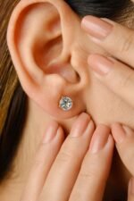 14K Solid Gold Blue Topaz Round Solitaire Stud - Image 2