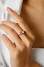 18K Solid Gold Pink Sapphire & Diamond Open Design Ring - Image 4