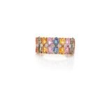 14K Solid Gold Multi Sapphire Diamond Wide Band Ring