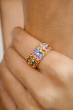 14K Solid Gold Multi Sapphire Diamond Wide Band Ring - Image 6