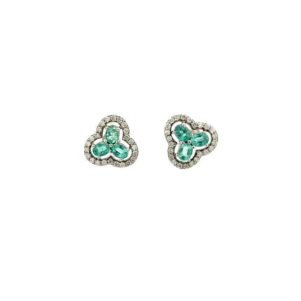 14K Solid Gold Trinity Emerald Halo Diamond Studs