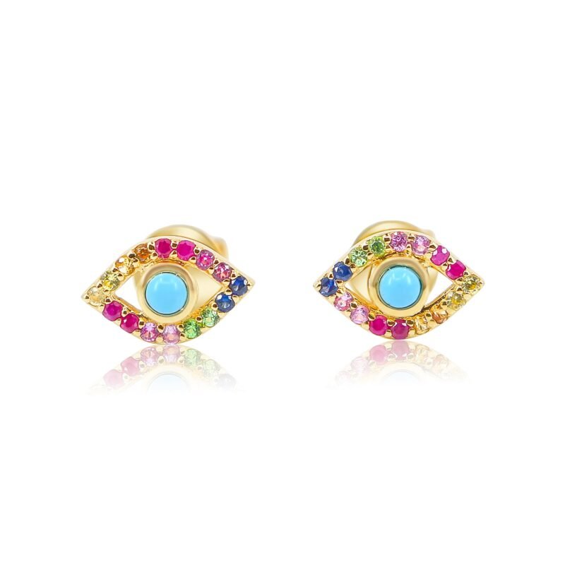 14k solid gold multi sapphire turquoise evil eye stud earring mm491 1
