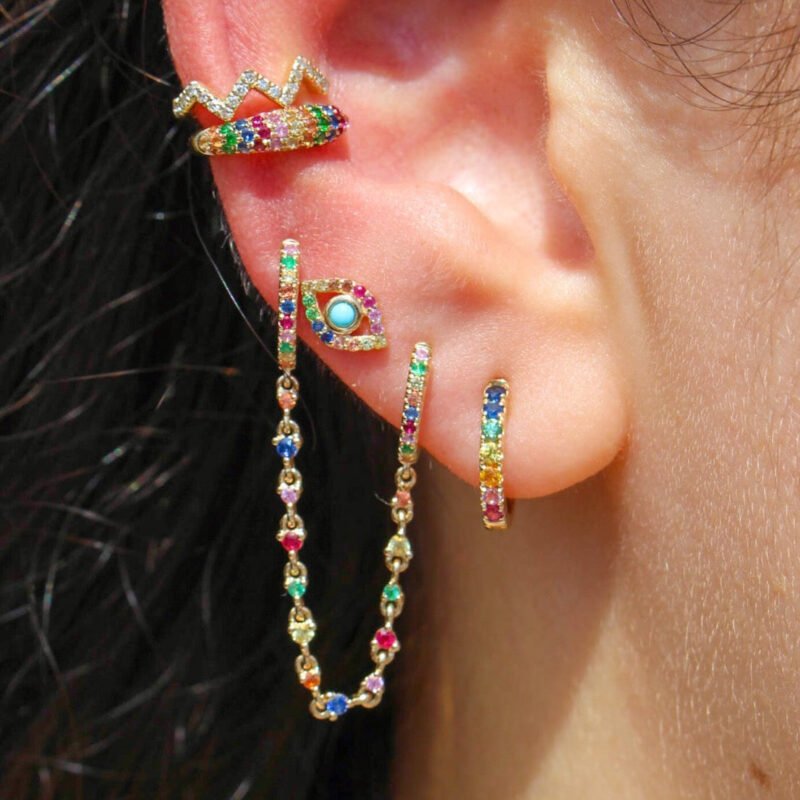 14k solid gold multi sapphire turquoise evil eye stud earring mm491 2