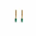14K Solid Gold Emerald Baguette Drop Hoop Earring