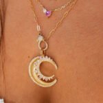 14K Solid Gold Diamond Pink Sapphire Crescent Moon Pendant - Image 2