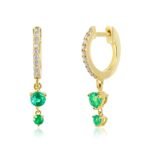 18k Solid Gold Diamond Emerald Double Drop Hoop Earring