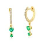 18k Solid Gold Diamond Emerald Double Drop Hoop Earring - Image 2