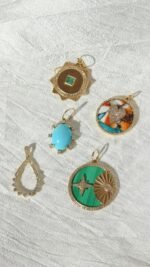 14K Solid Gold Mother of Pearl Diamonds Moon and Star Pendant - Image 2