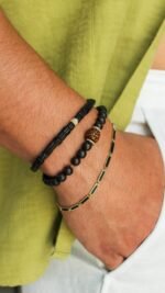 14K Solid Gold Diamond Large Black Wood Beaded Bracelet - Image 2