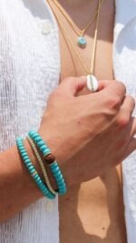 14K Solid Gold Turquoise Double Diamond Beaded Bracelet - Image 4