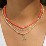18k Solid Gold Diamond Pearl Orange Heishi Beaded Necklace - Image 2