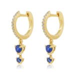 18k Solid Gold Diamond Sapphire Prong Double Drop Hoop Earring - Image 3