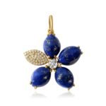 14K Solid Gold Diamond Lapis Flower Pendant