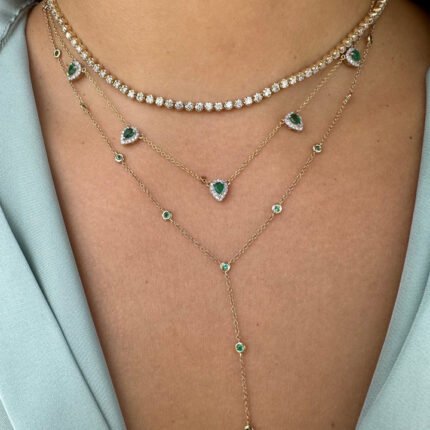 14K Gold Bezel Emerald Lariat Chain Necklace