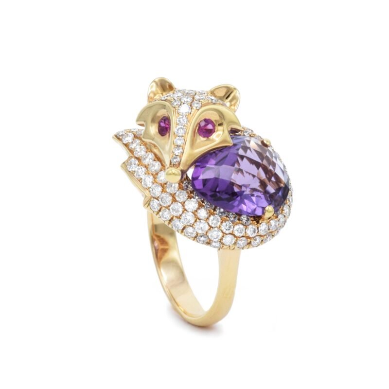 14k solid gold fox ring with amethyst ruby and diamond ks00052 2