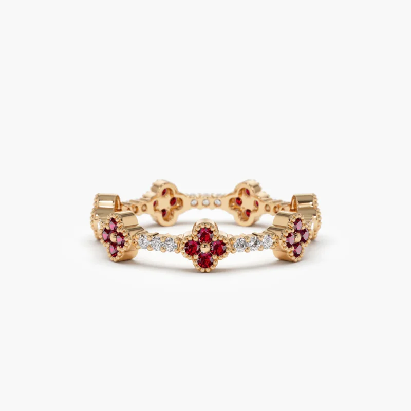 14k solid gold full eternity clover ruby and diamond ring 15 132 1