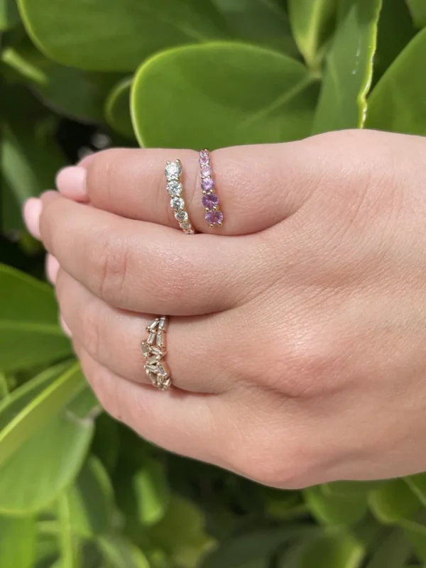 14k solid gold graduated moissanite diamond and pink sapphire open wrap ring 2700 2