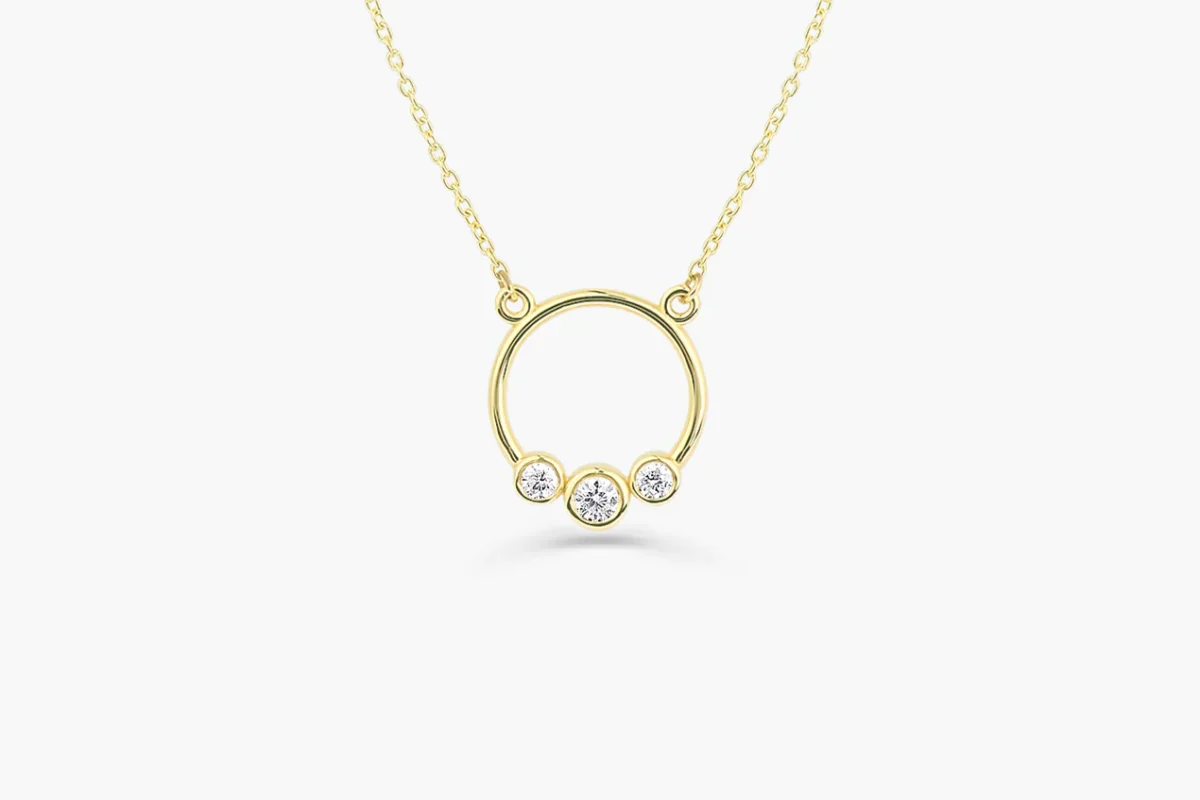 14k solid gold graduated trio bezel diamond circle necklace r 1244 1