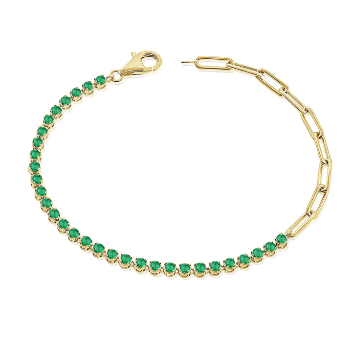 14k solid gold half emerald tennis and paperclip chain bracelet t2 2