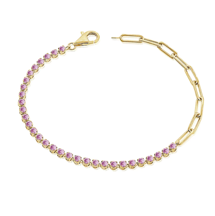14k solid gold half pink sapphire tennis paperclip chain bracelet 777 1
