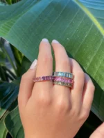 18K Solid Gold Pink Sapphire Emerald Cut Eternity Band - Image 2
